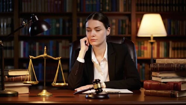 Overworked Caucasian female lawyer asleep at a desk in a law office