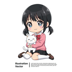 Adorable Japanese schoolgirl in a kawaii chibi style holding her fluffy white cat with a smile