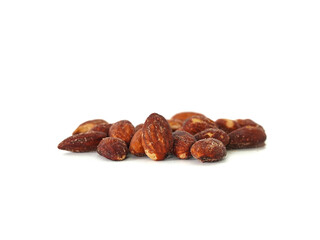 Close up Almonds bean on white background. Fruit bean for energy breakfast, brunch snack, and vegetarian. Healthy food contains antioxidants nutrients vitamins. Kernel Grains almond nutrition 