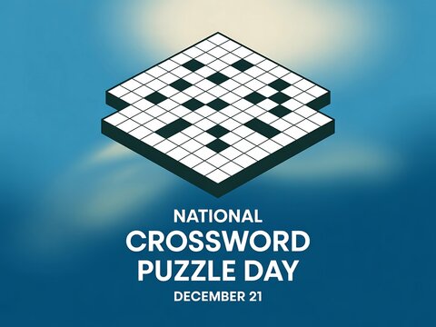 Celebrate national crossword puzzle day december 21st with a 3d isometric view of a challenging crossword grid against a blurred blue background