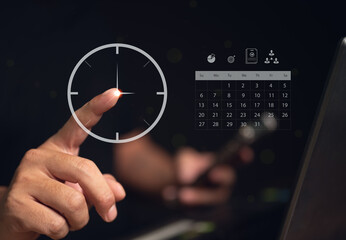 Businessman pointing at a clock for time management and project scheduling. The virtual calendar and business icons represent deadline planning, appointments, and effective productivity.