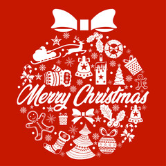 Festive Merry Christmas Bauble Illustration with Holiday Icons and White Text on Red Background