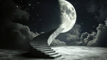 Surreal Dreamscape: A Monumental Concrete Staircase Ascending Towards a Moon and Starry Night Sky