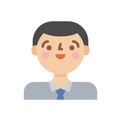 Flat design avatar of a smiling man with short dark hair wearing a light blue collared shirt and dark blue tie against a transparent background