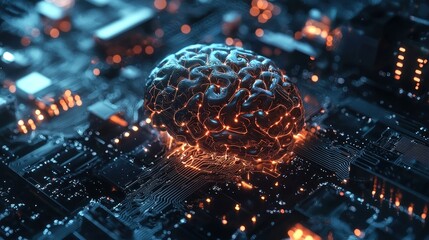 Artificial Intelligence Brain with Glowing Neural Connections on a Circuit Board, Symbolizing Machine Learning and Advanced Digital Technology