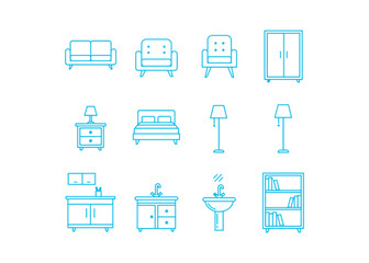 Home furniture - a collection of line design style icons set against a white background. High-quality images featuring a sofa, armchair, wardrobe, nightstand, bed, floor lamp, kitchen and bookcase.