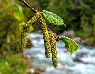 Fototapeta premium Close-up of tree branch with catkins and leaves; river blurred in the back