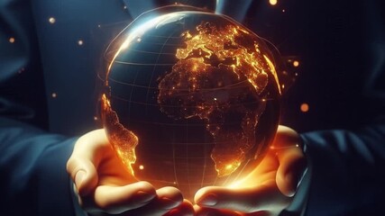 Human hand holding a digital light globe symbolizing advanced modern technology and global connectivity in a futuristic concept - Powered by Adobe