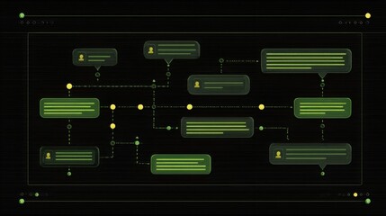 Abstract digital communication network with user icons and message bubbles on dark background for technology and innovation concepts