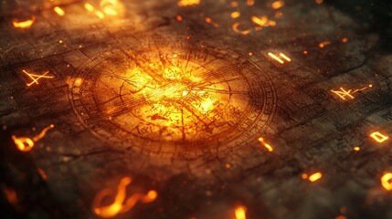 Intricate Ancient Magical Compass with Fiery Glow and Mystical Runes on a Textured Stone Surface