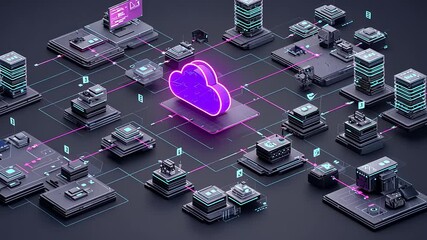 Digital cloud network connecting various data centers with glowing nodes and futuristic technology - Powered by Adobe