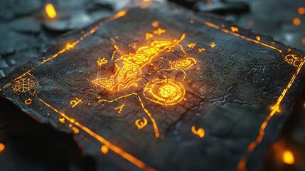 Ancient Glowing Map with Mystical Symbols and Rune-like Markings Illuminated on a Textured Dark Surface