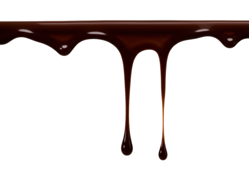 Molten dark chocolate, rich deep brown and glossy, drips sculpted drops from a wavy edge against a stark white background with copy space, concept for premium chocolate advertising