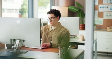 Computer, drinking coffee and business man typing email, traffic metrics or social media marketing. Creative marketer, technology and employee with tea, campaign analysis or schedule post in office - Powered by Adobe