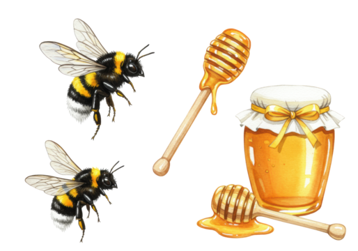 Hand-painted watercolor flat lay: fuzzy bumblebees, beehive, honey jar, dripping dipper, bee wings on white, wholesome beekeeping concept