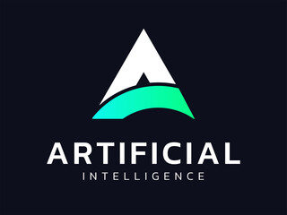 Artificial intelligence with letter A overlapping curved shape in triangle technology Analysis logo vector design concept. AI technology logotype symbol for advance technology, tech company, ui, web.