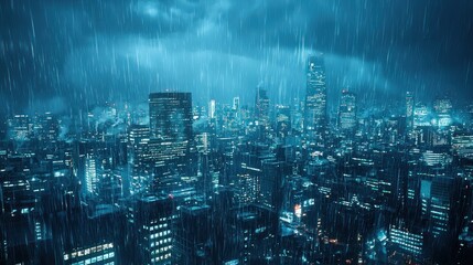 Rainy Night Cityscape: High-angle aerial view of a modern metropolitan city with glowing blue and teal lights under heavy rainfall and dramatic clouds.