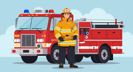 Firefighter standing in front of a red fire truck illustration