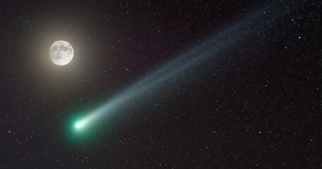 Fototapeta premium Green comet with luminous tail and full moon in starry night sky, representing cosmic space astronomy and celestial event concepts.