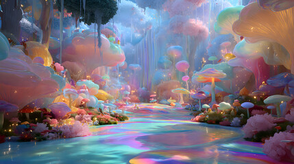 Enchanting fantasy landscape with a shimmering river flowing through a dreamlike forest of colorful whimsical flora and glowing orbs