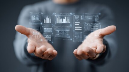 Hands Reaching Out to Display Futuristic User Interface with Graphs and Data for Technology, Business, and Innovation Concepts