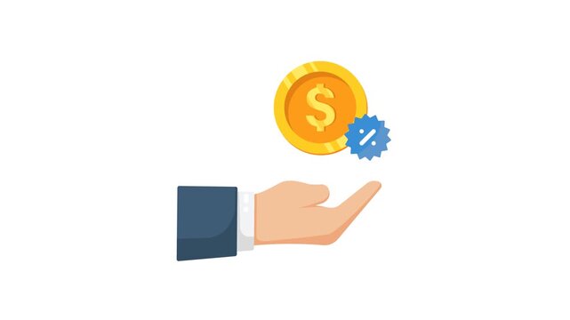 4K animation of A business hand extends a golden coin with a blue discount seal, symbolizing money, value, investment, and financial opportunity. Perfect for finance, banking, sales, ect.