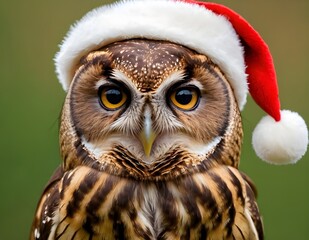 a brown owl wearing a santa hat