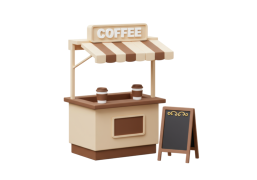 Stylized 3D coffee stand with cream facade, striped awning, 'COFFEE' sign, two cups, A-frame chalkboard on transparent background with copy space, concept for branding