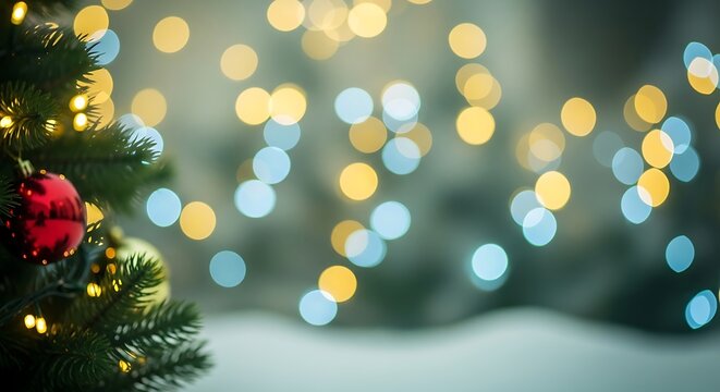 Soft focus bokeh lights in warm yellow and cool blue hues create a magical dreamy atmosphere behind a blurred christmas tree branch adorned with a red bauble and twinkling fairy lights