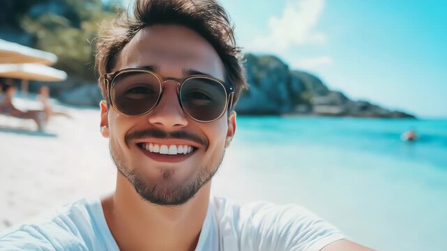 close-up shot of a good-looking male tourist. Enjoy free time outdoors near the city. Looking at the camera while relaxing on a clear day Poses for travel selfies smiling happy tropical