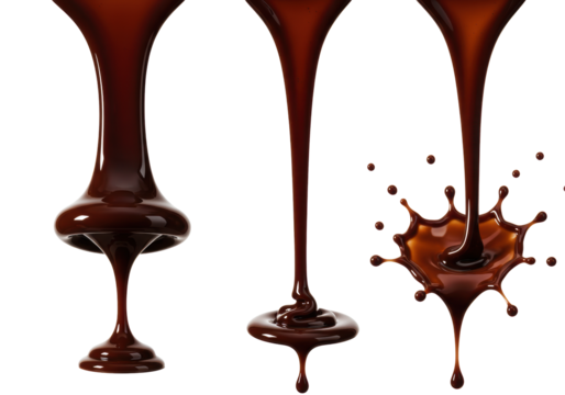 Dynamic, hyper-realistic macro shot of luxurious dark melted chocolate streams, bell-shaped drip, continuous flow & spreading cascade, on transparent studio background. Concept for premium