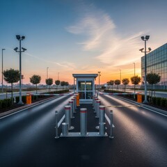 Modern Security Checkpoint Entrance with Automated Barrier, Bollards, Guard Booth at Sunset