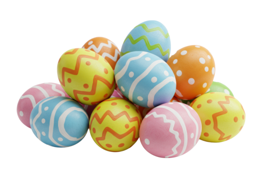Multiple colorful Easter eggs, hand-painted with zigzags, wavy lines, and polka dots, clustered on a transparent background with soft shadows, cheerful Easter holiday celebration atmosphere