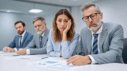 Tense Business Meeting with Worried Employees and Frustrated Manager in Modern Conference Room Setting Surrounded by Financial Charts and Reports