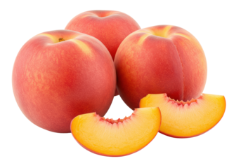 Three vibrant pink-red-yellow fuzzy peaches and a glistening pale orange slice, macro close-up on a white background with copy space, healthy abundance concept