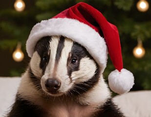 badger wearing a santa hat