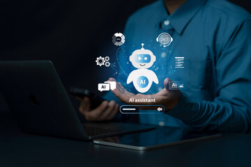 Concept of AI Chatbot assistant and customer service automation. Businessman using an AI assistant chatbot for customer service and data analysis. The virtual robot provides 24/7 support. AI agent.