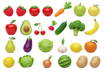 A diverse collection of 3D rendered cartoonish fruits and vegetables, like apple, orange, banana, and broccoli, with a soft glossy finish on a bright white background, ample copy space, concept of