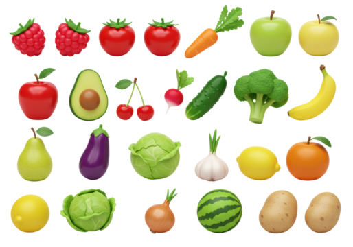 A diverse collection of 3D rendered cartoonish fruits and vegetables, like apple, orange, banana, and broccoli, with a soft glossy finish on a bright white background, ample copy space, concept of