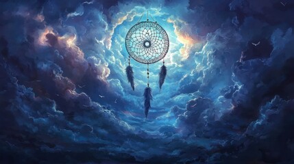 Celestial Dreamcatcher in an Ethereal Twilight Sky with Glowing Clouds and Flying Birds