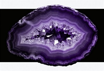 Crystal Geode with Sharp Edges Purple agate geode slice with a jagged, crystalline center on black.