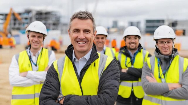 Construction Crew Confidence: A group of construction workers stand shoulder-to-shoulder, radiating confidence and professionalism on a bustling construction site.