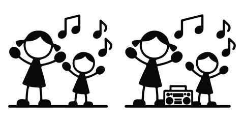 Dancing Kids Icon – stick figure children with music, happy childhood fun, music and play vector illustration