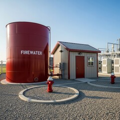 Large Red FIREWATER Storage Tank and Fire Hydrants at Industrial Safety Facility