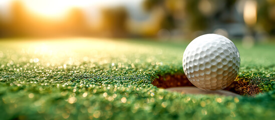 Golf ball putting green hole sunset light close up shallow focus sport outdoor competition victory poised with calm tension as ball rests lip of cup, crisp turf texture and warm glow create