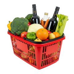 Red Shopping Basket Assortment Fresh Fruits Vegetables Wine Bottles Grocery Store Food Diet Nutrition Healthy Lifestyle