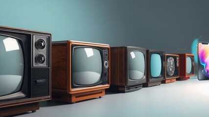 Row of Vintage Televisions in Modern Exhibition Hall
