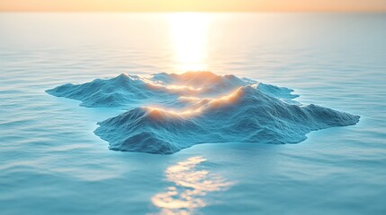 A small island sits in the middle of the ocean, with the sun setting in the background. The water reflects the sunlight, creating a beautiful scene.