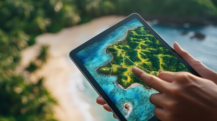 A person uses a tablet to view a map of a lush, green island with turquoise waters, planning a trip.