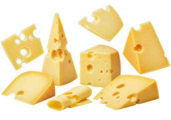 Gourmet yellow Swiss and cheddar cheese, triangular wedge and blocks, floating against a transparent studio background with copy space. Concept for luxury food advertising